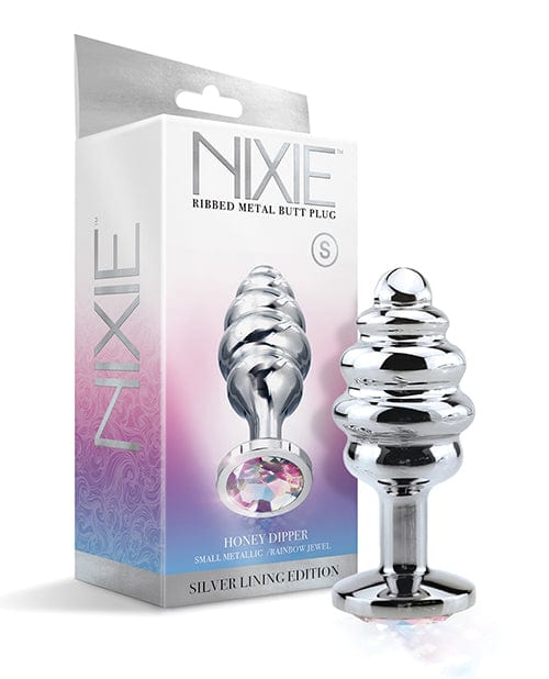 Global Novelties LLC Nixie Honey Dipper Ribbed Metal Rainbow Jeweled Butt Plug Small Anal Toys