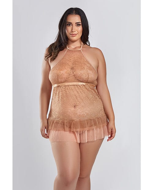Icollection Lingerie Amber Halter Lace Babydoll W/tiered Pleated Mesh Skirt Hem & G-string Brown 1x Lingerie & Costumes