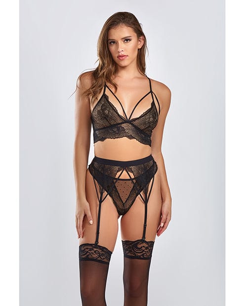 Icollection Lingerie Everly Dot Mesh &amp; Galloon Lace Strappy Bra, Garterbelt &amp; Hipster Panty Black Large Lingerie &amp; Costumes