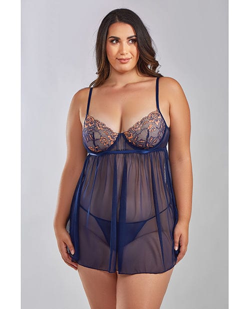 Icollection Lingerie Jennie Cross Dyed Galloon Lace &amp; Mesh Babydoll Navy 1x Lingerie &amp; Costumes