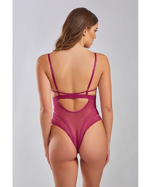Icollection Lingerie Quinn Cross Dyed Galloon Lace &amp; Mesh Teddy Wine Lingerie &amp; Costumes