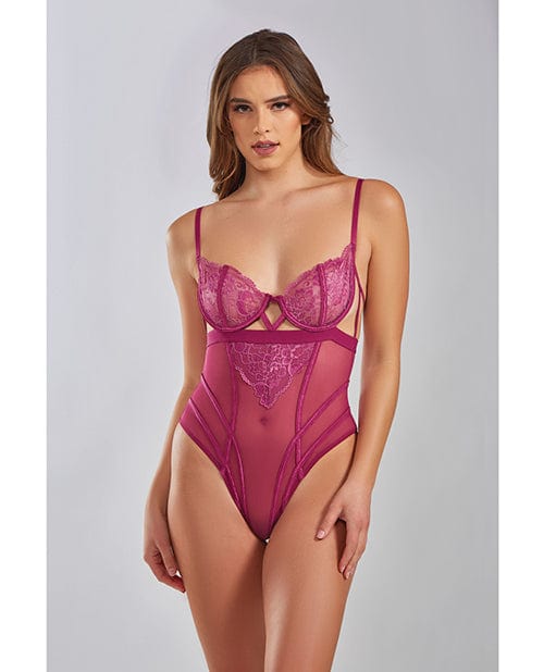 Icollection Lingerie Quinn Cross Dyed Galloon Lace &amp; Mesh Teddy Wine Large Lingerie &amp; Costumes
