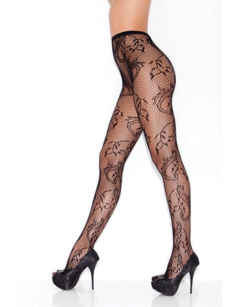 Icollection Lingerie Secret Garden Floral Swirl Fishnet Pantyhose Black O/s Lingerie &amp; Costumes