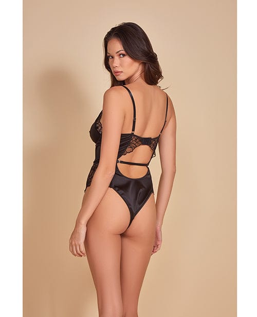 Icollection Lingerie Thread Bare Satin &amp; Embroidered Mesh Teddy Black Lingerie &amp; Costumes