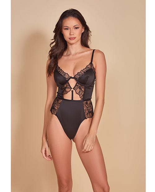 Icollection Lingerie Thread Bare Satin &amp; Embroidered Mesh Teddy Black Large Lingerie &amp; Costumes