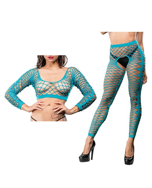 Ilanco Knitting INC Dba Beverly Beverly Hills Naughty Girl Crotchless Front Mesh &amp; Side Design Leggings O/s Turquoise Lingerie &amp; Costumes