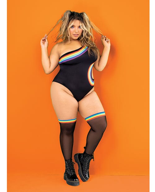 Mapale Pride One Shoulder Side Cut Out Bodysuit Black Prints 1x/2x Lingerie &amp; Costumes
