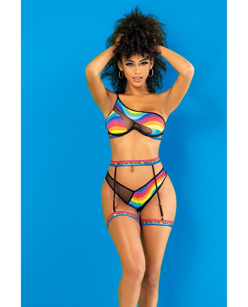 Mapale Pride One Shoulder Top, Garter Belt &amp; Panty Black Prints Large/Extra Large Lingerie &amp; Costumes