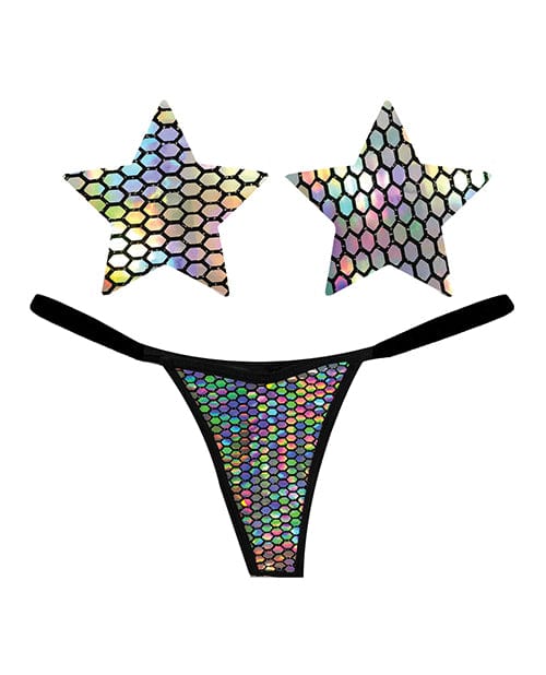 Neva Nude Naughty Knix Mirrored Mayhem Holographic G-string & Pasties - Black One Size Fits Most