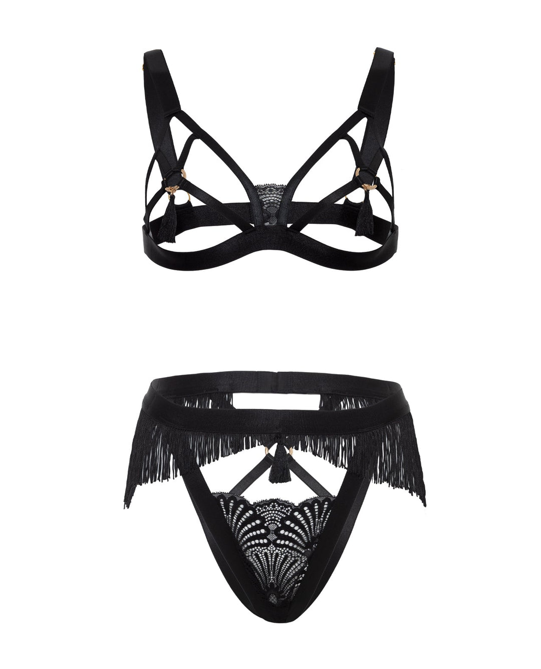 Oh La La Cheri Annika Open Cup 2 pc Set with Fringe and Tassel Detail - Black Lingerie &amp; Costumes