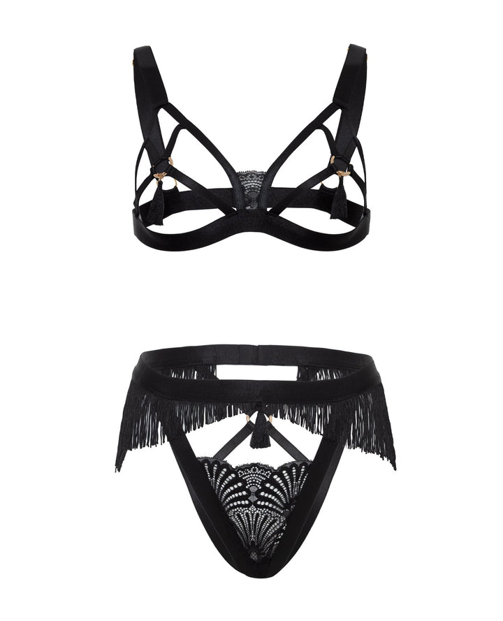 Oh La La Cheri Annika Open Cup 2 pc Set with Fringe and Tassel Detail - Black Lingerie &amp; Costumes