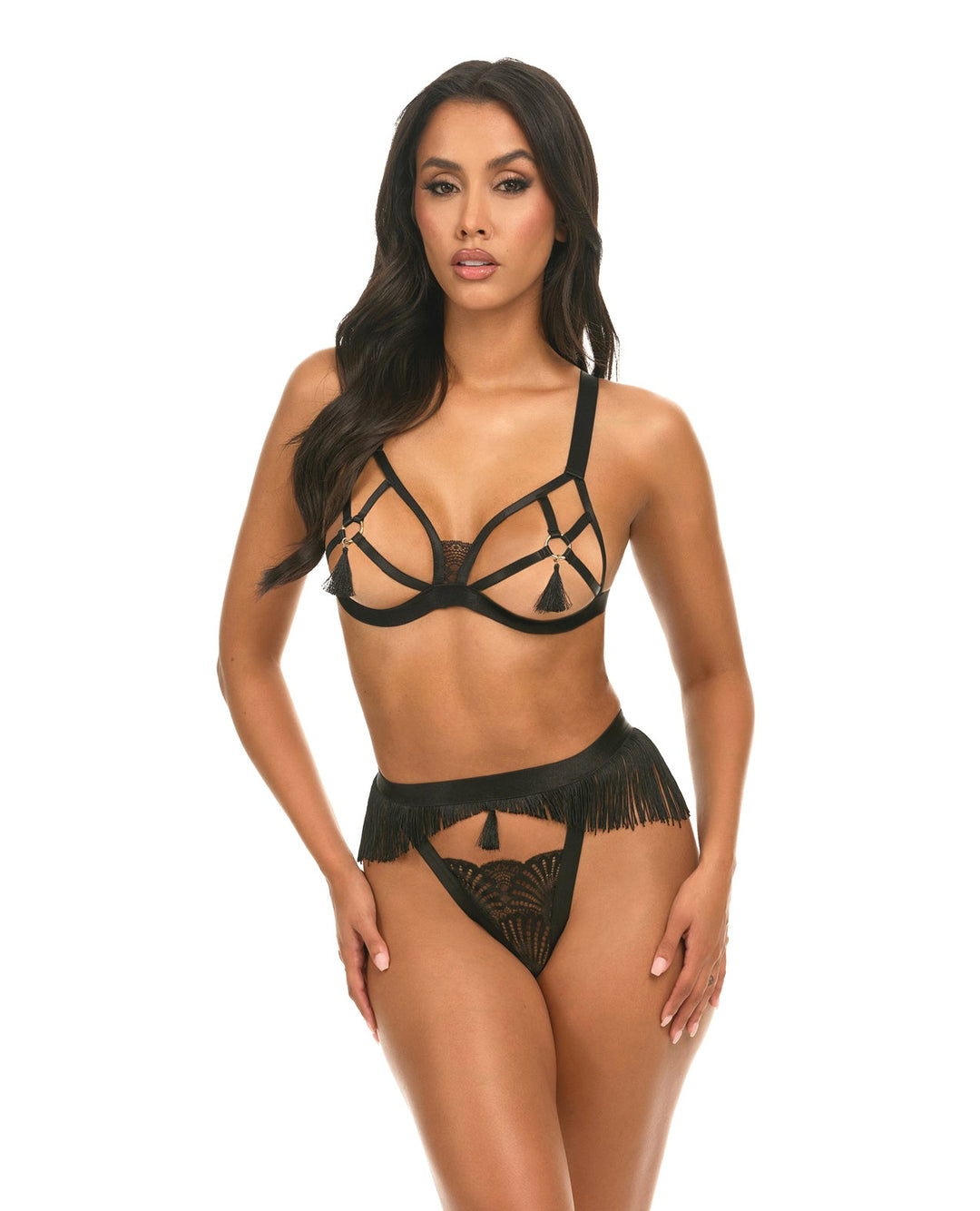 Oh La La Cheri Annika Open Cup 2 pc Set with Fringe and Tassel Detail - Black L / XL Lingerie &amp; Costumes