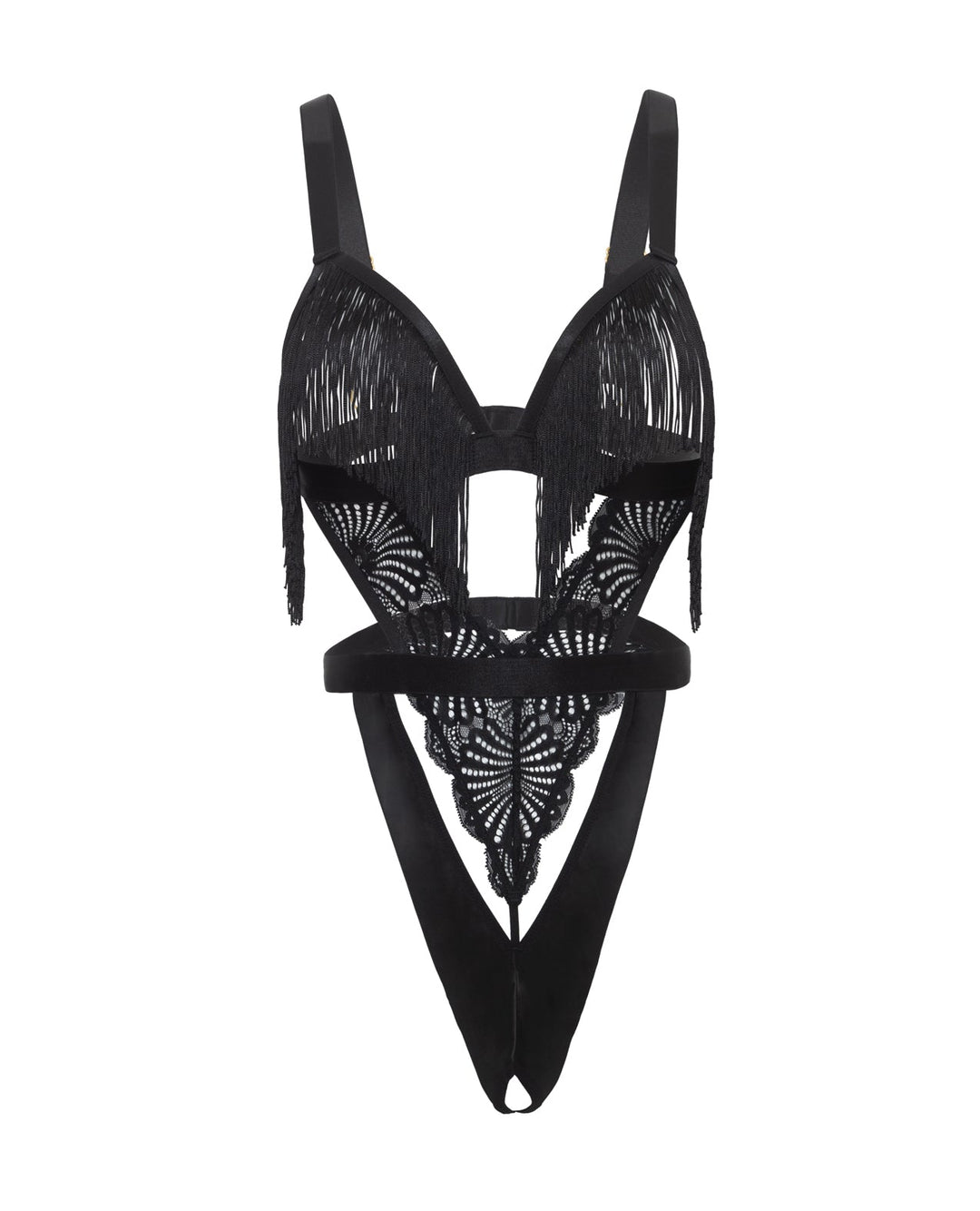 Oh La La Cheri Annika Open Cup Teddy with Fringe Detail - Black Lingerie &amp; Costumes