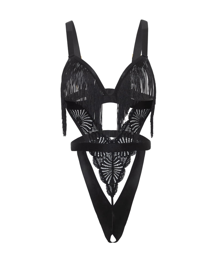 Oh La La Cheri Annika Open Cup Teddy with Fringe Detail - Black Lingerie &amp; Costumes