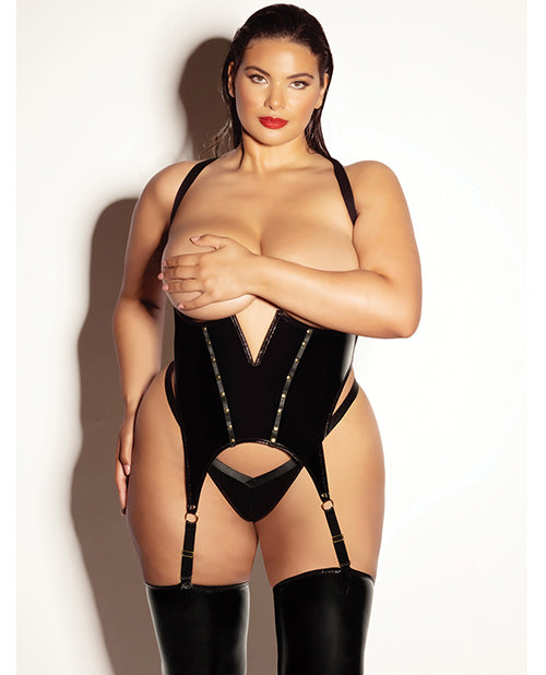 Oh La La Cheri FETISH Open Cup Vinyl V-Wire Merrywidow w/G-String - Black 1X/2X Lingerie &amp; Costumes