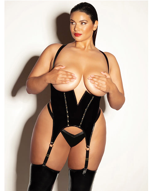 Oh La La Cheri FETISH Open Cup Vinyl V-Wire Merrywidow w/G-String - Black 1X/2X Lingerie &amp; Costumes