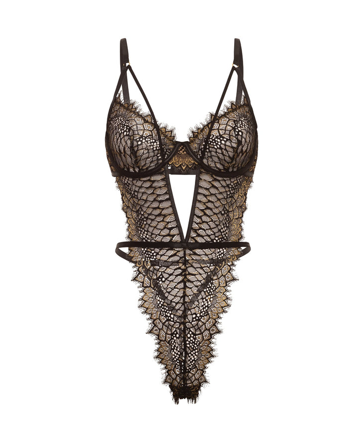 Oh La La Cheri Greta Snake Eyelash Lace Teddy - Black/Gold Lingerie &amp; Costumes