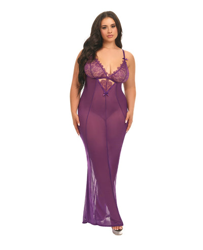 Oh La La Cheri Katana Mesh & Eyelash Lace Gown - Purple 1X/2X Lingerie & Costumes