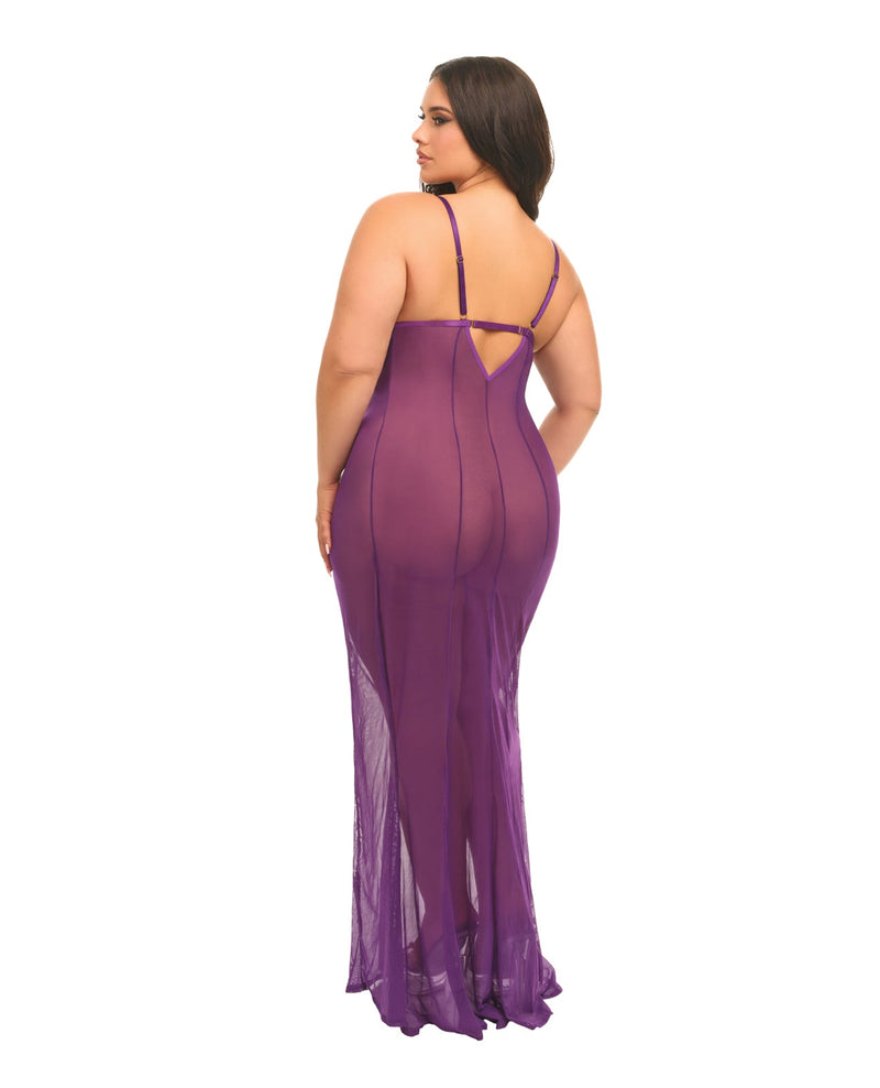 Oh La La Cheri Katana Mesh & Eyelash Lace Gown - Purple 1X/2X Lingerie & Costumes