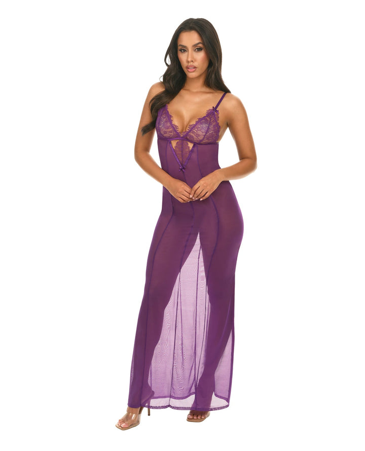 Oh La La Cheri Katana Mesh &amp; Eyelash Lace Gown - Purple Lingerie &amp; Costumes
