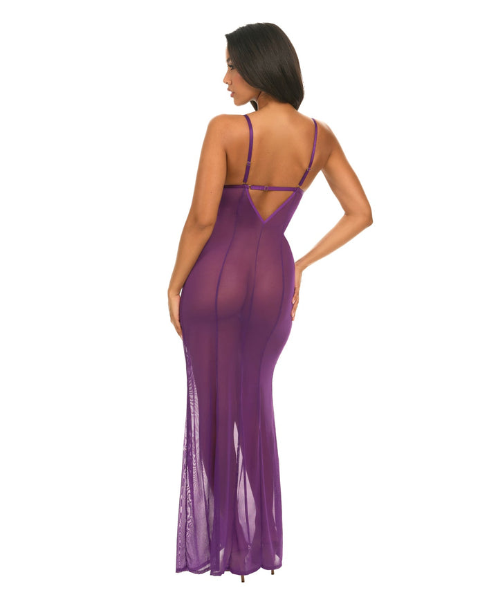 Oh La La Cheri Katana Mesh &amp; Eyelash Lace Gown - Purple Lingerie &amp; Costumes