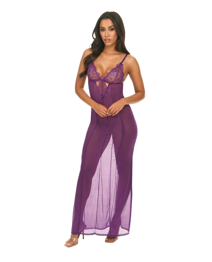 Oh La La Cheri Katana Mesh &amp; Eyelash Lace Gown - Purple Lingerie &amp; Costumes