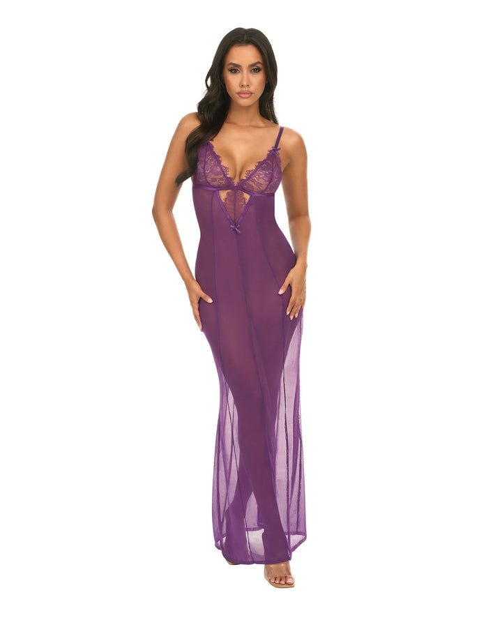 Oh La La Cheri Katana Mesh &amp; Eyelash Lace Gown - Purple L/XL Lingerie &amp; Costumes