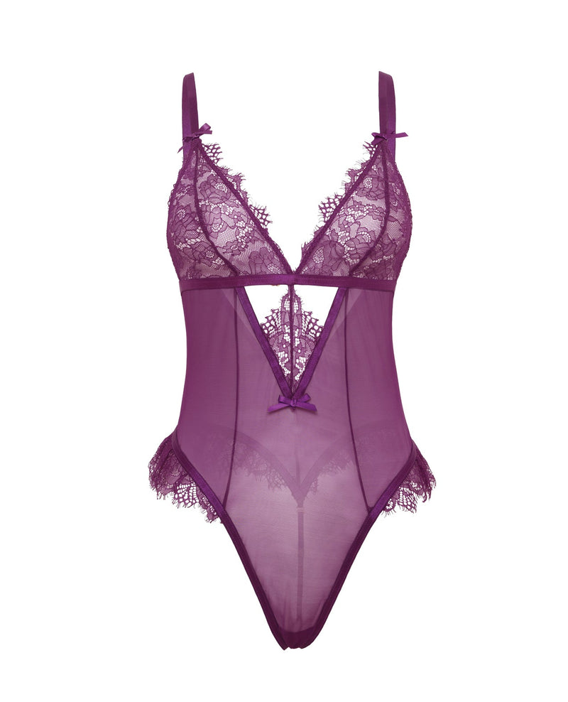 Oh La La Cheri Katana Mesh & Lace Teddy - Purple 1X/2X Lingerie & Costumes