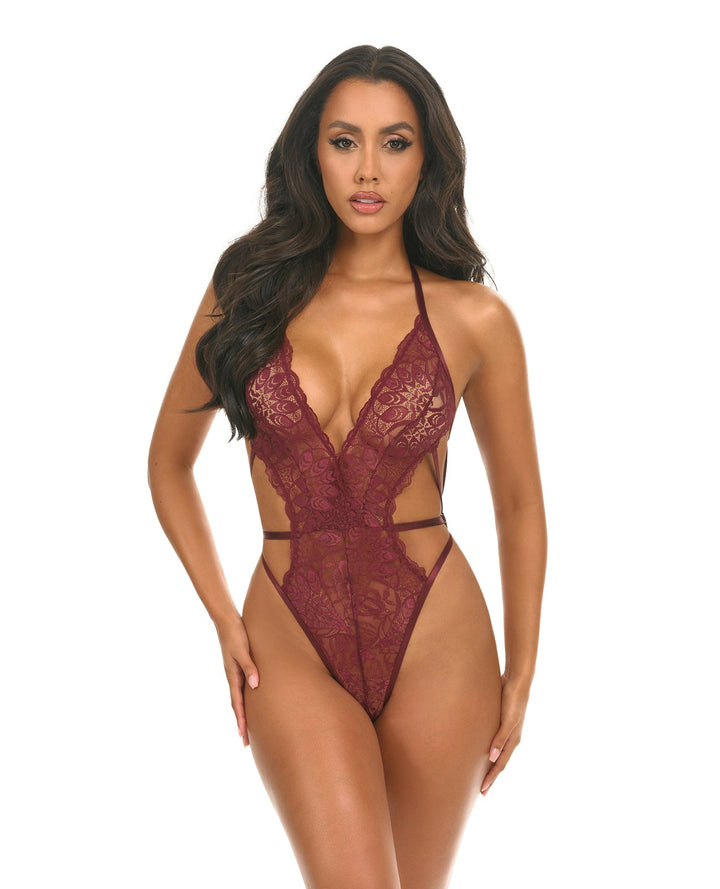 Oh La La Cheri Lina Lace Halter Teddy - Zinfandel L/XL Lingerie &amp; Costumes