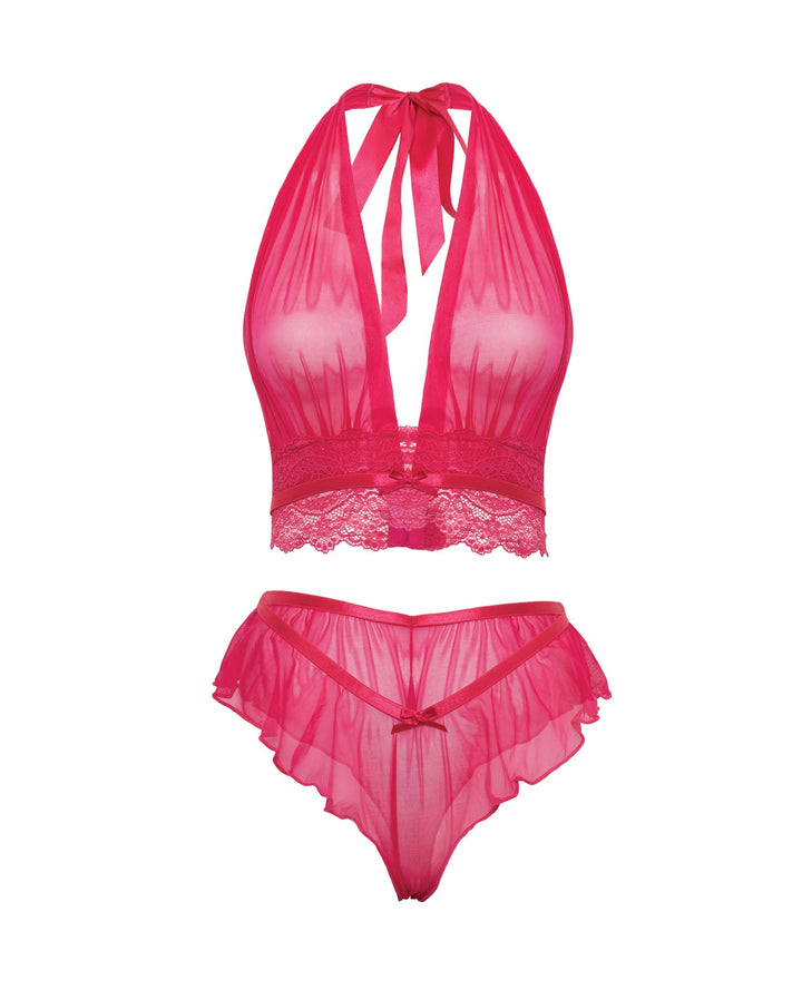 Oh La La Cheri Maylah Mesh &amp; Lace Halter 2 pc Set - Pink Lingerie &amp; Costumes
