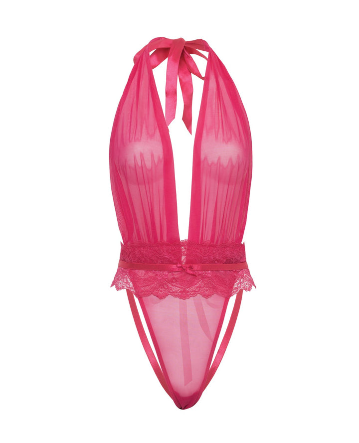 Oh La La Cheri Maylah Mesh &amp; Lace Halter Teddy - Pink Lingerie &amp; Costumes