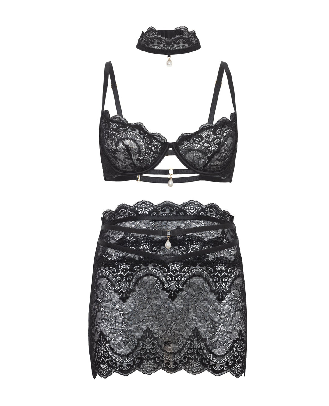 Oh La La Cheri Perla Lace 3 pc Set w/Pearl Details - Black Lingerie &amp; Costumes