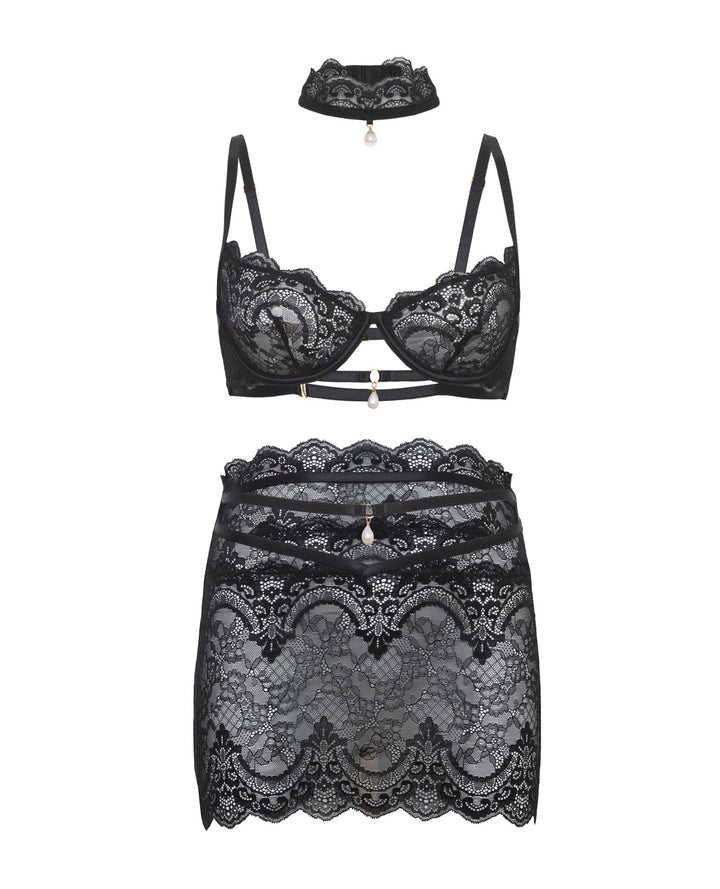 Oh La La Cheri Perla Lace 3 pc Set w/Pearl Details - Black Lingerie &amp; Costumes