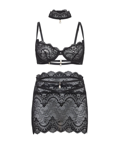 Oh La La Cheri Perla Lace 3 pc Set w/Pearl Details - Black Lingerie & Costumes