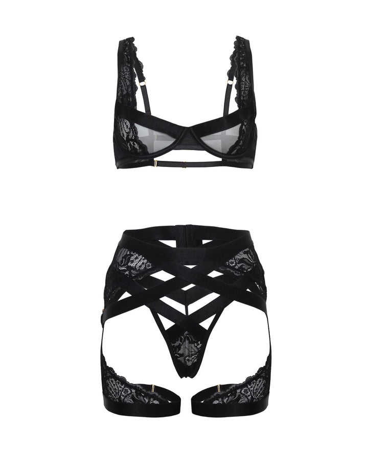 Oh La La Cheri Thalia Mesh &amp; Lace Underwire 3 pc Set - Black Lingerie &amp; Costumes