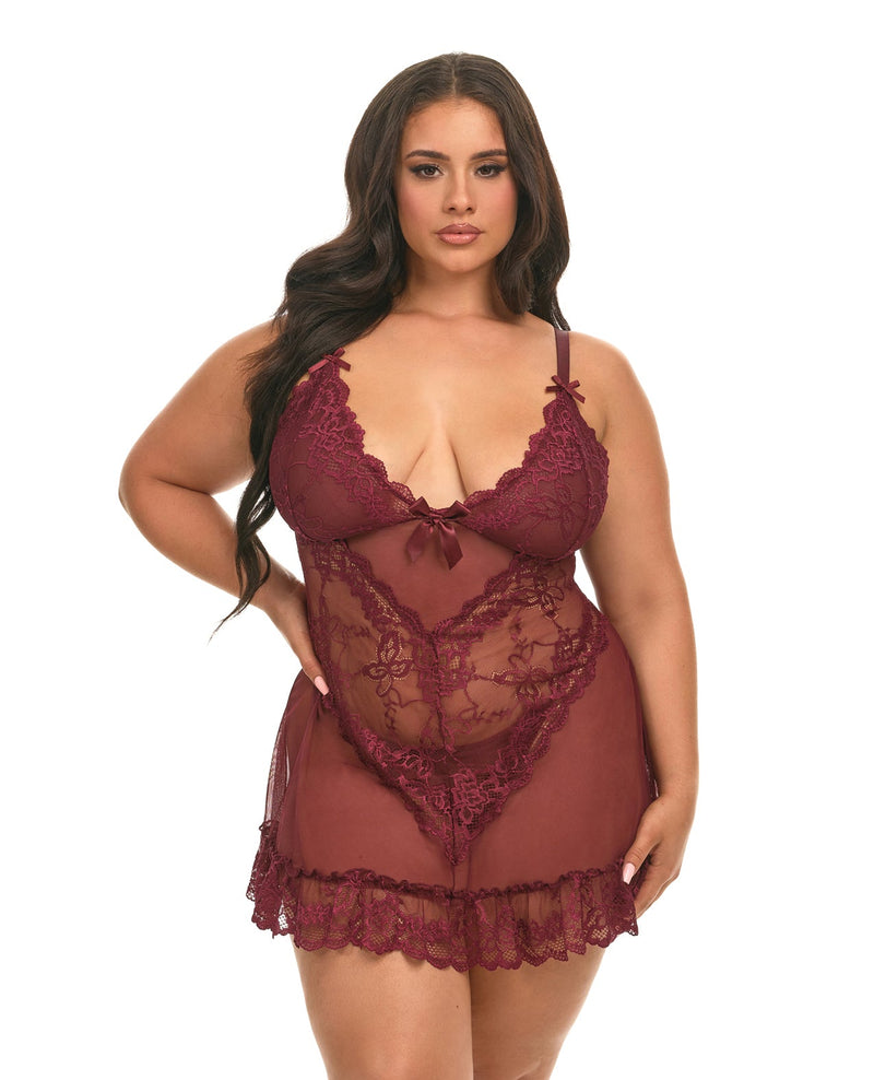 Oh La La Cheri Valentine Lacey Babydoll w/G-String - Zinfandel 1X/2X Lingerie & Costumes