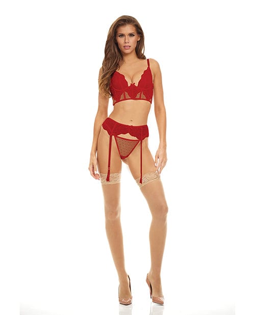 Rene Rofe Bombshell Boudoir Lace &amp; Mesh Peek A Boo Wire Bra, Garter Belt &amp; G-string Red / Large Lingerie &amp; Costumes
