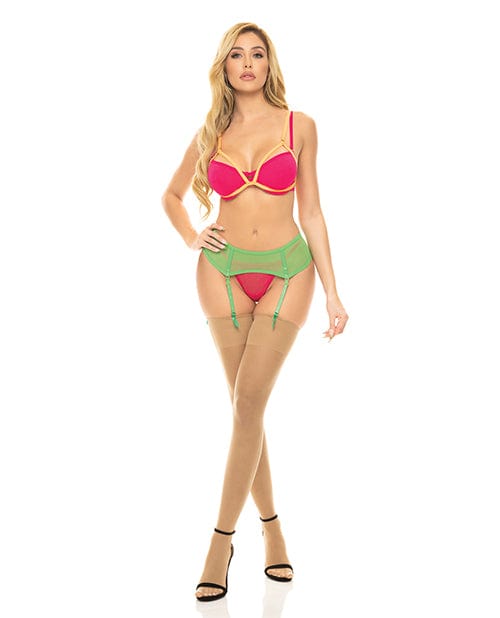 Rene Rofe Pink Lipstick Come To Me Bra, Garter Belt & G-string Neon / Medium/Large Lingerie & Costumes