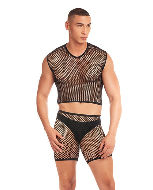 Rene Rofe Rainbow Party Net-Bula Large Mesh Long Brief 3 pc Set Black / L/XL Lingerie &amp; Costumes