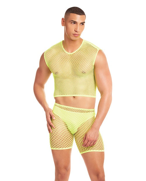 Rene Rofe Rainbow Party Net-Bula Large Mesh Long Brief 3 pc Set Yellow / L/XL Lingerie & Costumes