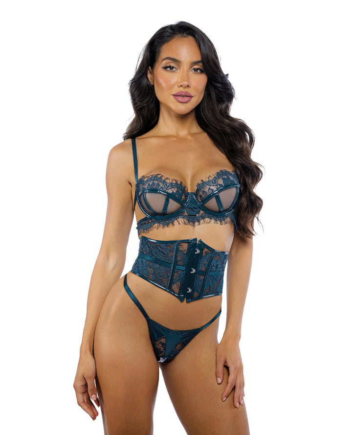Roma Costume INC Eden Scalloped Eyelash Lace &amp; Wet Look Waspie 3 pc Set - Teal Large Lingerie &amp; Costumes