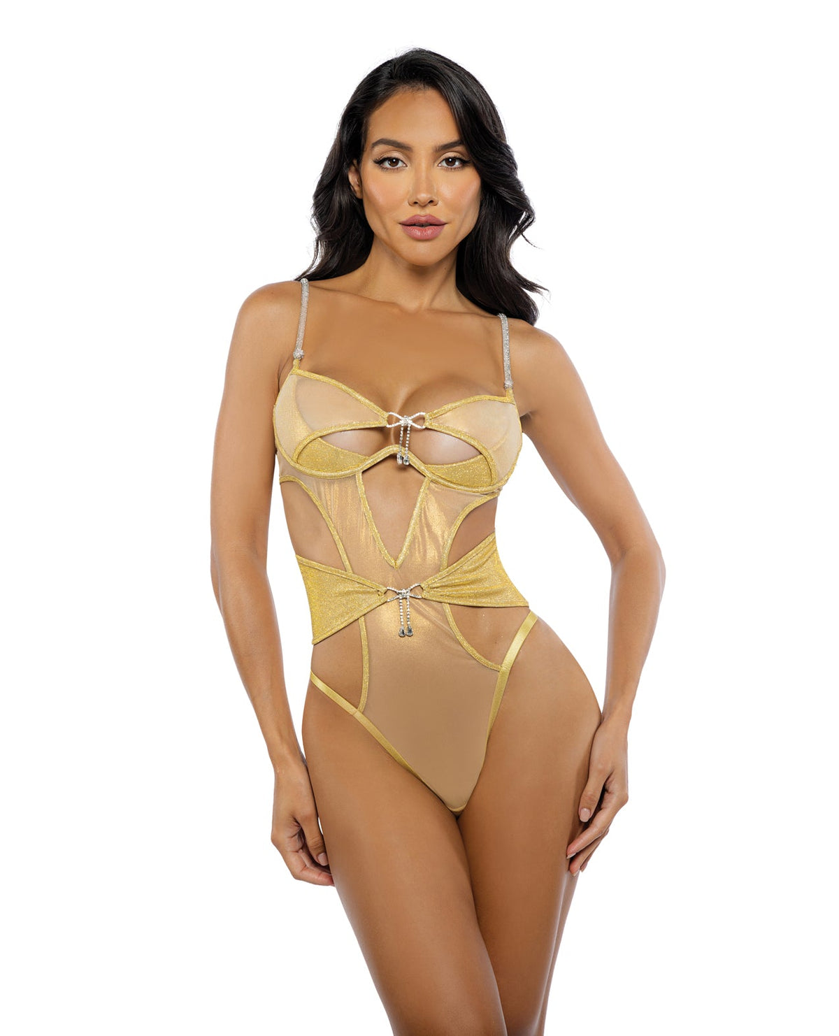 Gilded Beauty Metallic Shimmer Mesh Teddy with Rhinestone Accents - Gold