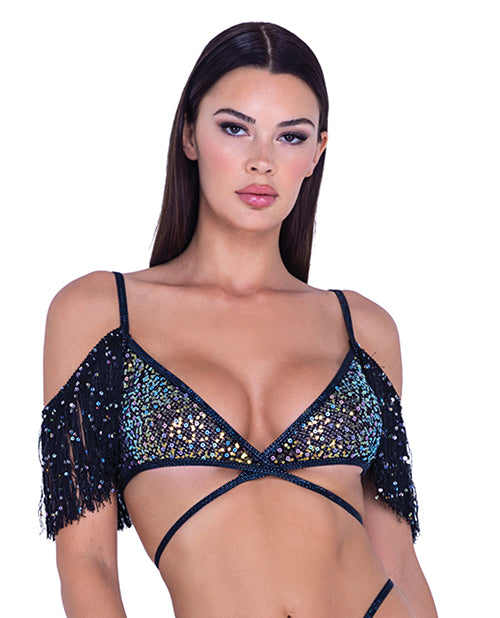 Roma Costume Sequin Fishnet Fringe Top - Black/Multi Large Lingerie & Costumes