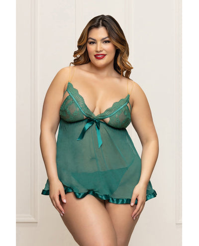 Seven 'til Midnight Costume Lace and Mesh Babydoll w/Gold Straps & Thong - Green 1X/2X Lingerie & Costumes