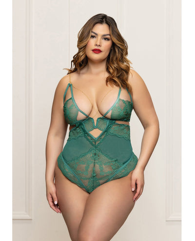 Seven 'til Midnight Costume Lace and Mesh Open Crotch Teddy w/Gold Straps - Green 1X/2X Lingerie & Costumes