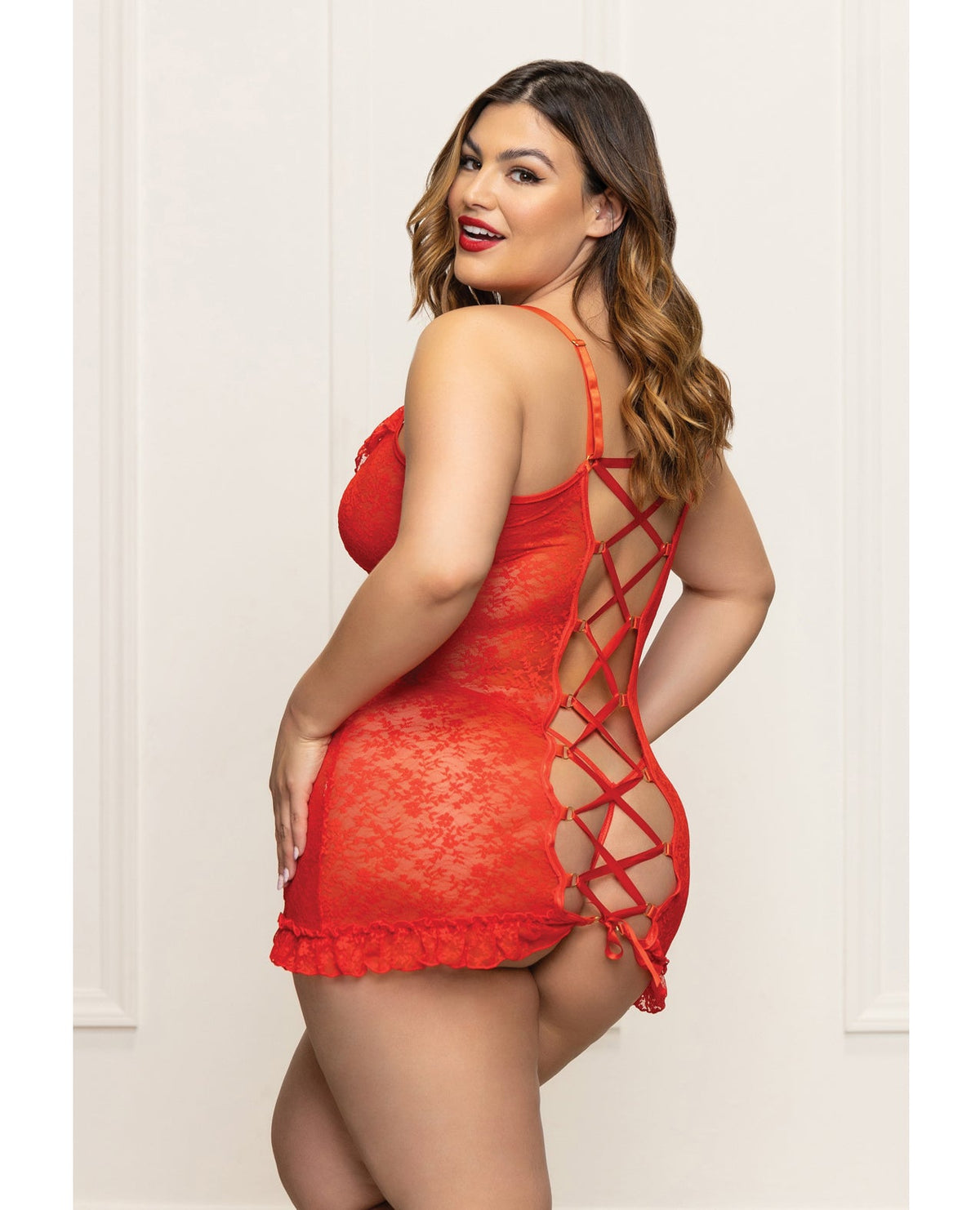 Lace Chemise with Ruffle Trim & G-String - Red QN