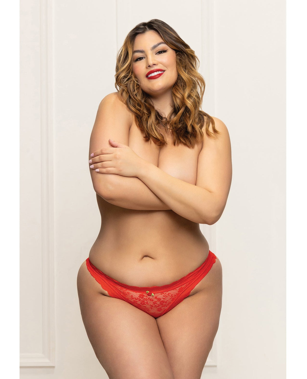 Lace Panty with Heart Cut Out Back & Pearl Chain Detail - Red 1X/2X