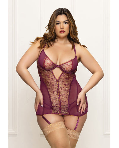 Seven 'til Midnight Costume Metallic Lace with Mesh Gartered Chemise & Thong - Plum 1X/2X Lingerie & Costumes