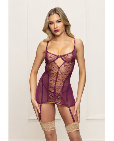 Seven 'til Midnight Costume Metallic Lace with Mesh Gartered Chemise & Thong - Plum Lingerie & Costumes