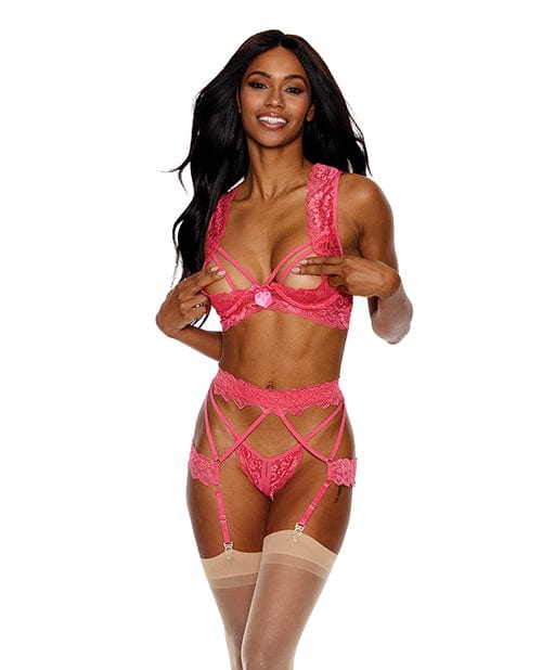 Lace Underwire Peek A Boo Bra, Garterbelt & G-string Coral XXL